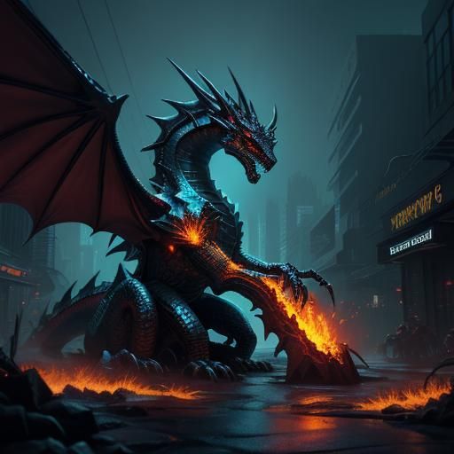 Cyberpunk Dragon on Futuristic City Street