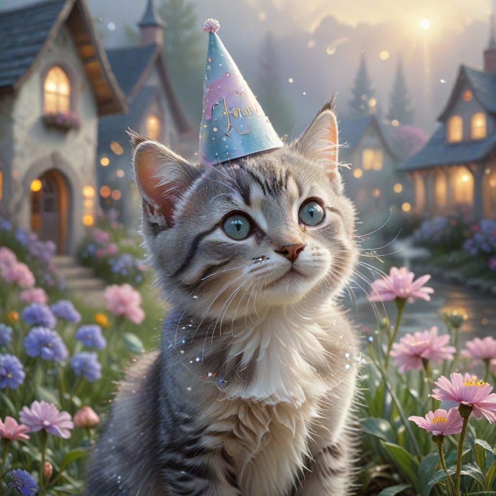 Whimsical Gray Tabby Kitten in a Fantastical April Fool's Sc...