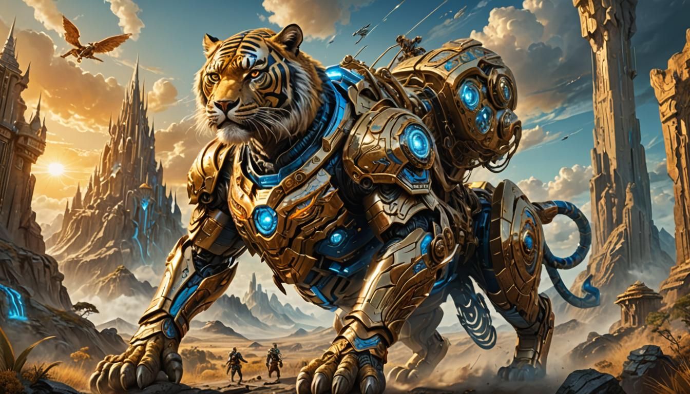 Warrior Rides Robo-Tiger in Mystical Landscape