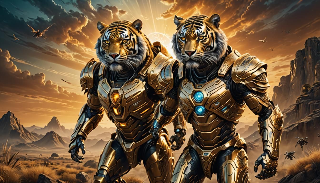 Warrior and Robo-Tiger in Mystical Landscape