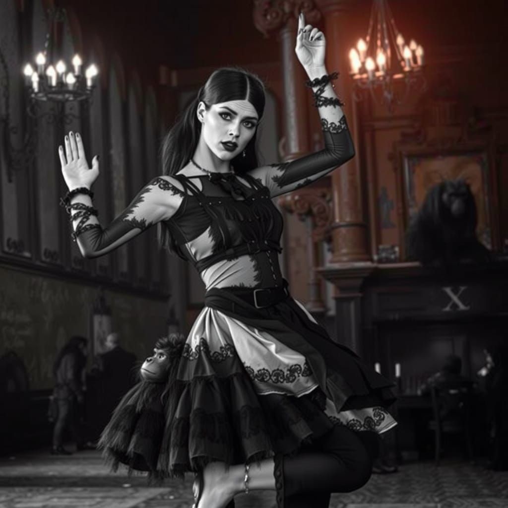 Goth Model Poses with Giant Apes in Dramatic Film Noir Style