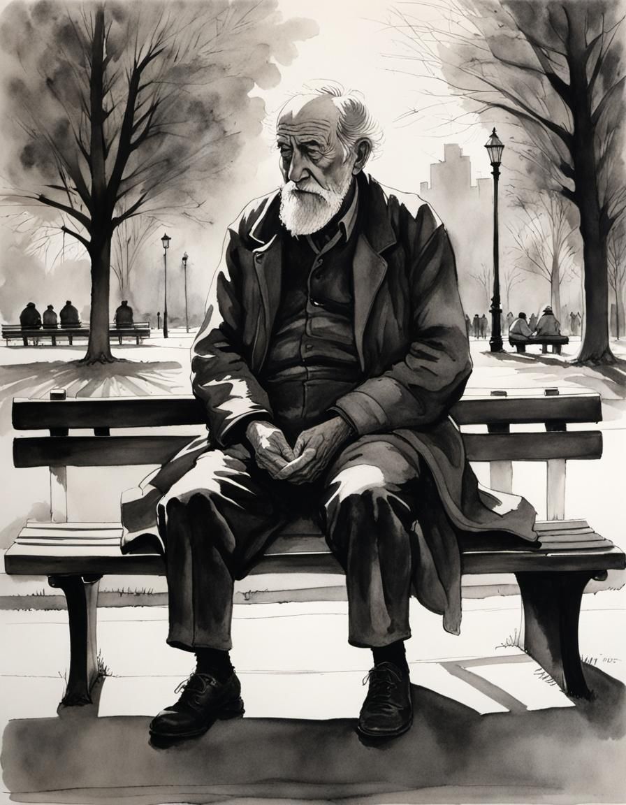 Old Man on Park Bench in Ink Wash Style