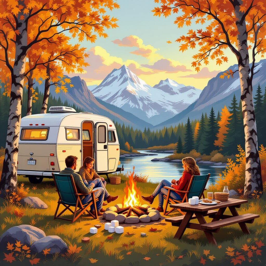 Autumn Camping Scene: Camper, Mountains, and Campfire