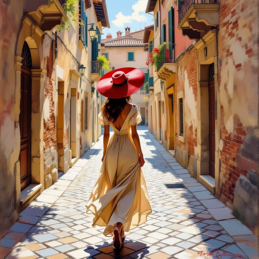 Woman in Beige Dress and Red Hat in Rome