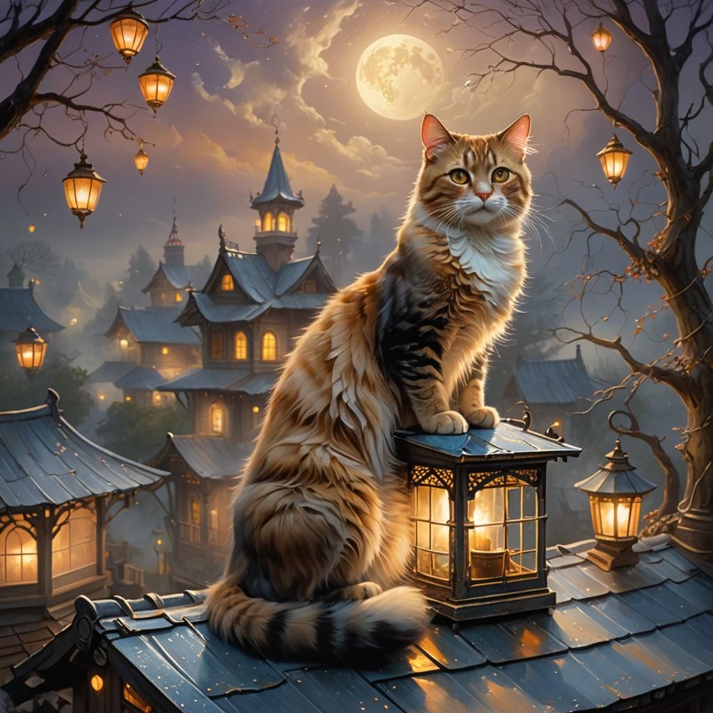 Ethereal Cat on Mist-Shrouded Roof in Moonlight