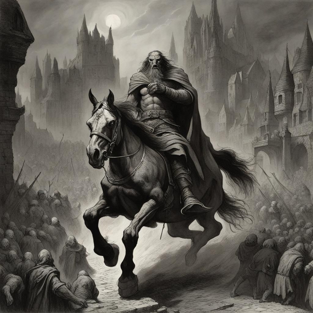 Stone Golem Rides Horse Through Goblin City