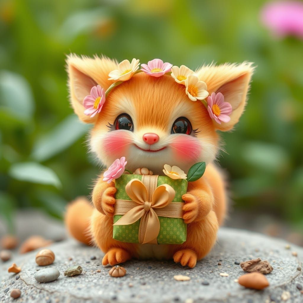 Enchanted Creature Offers Whimsical Floral Gift in Serene Gr...