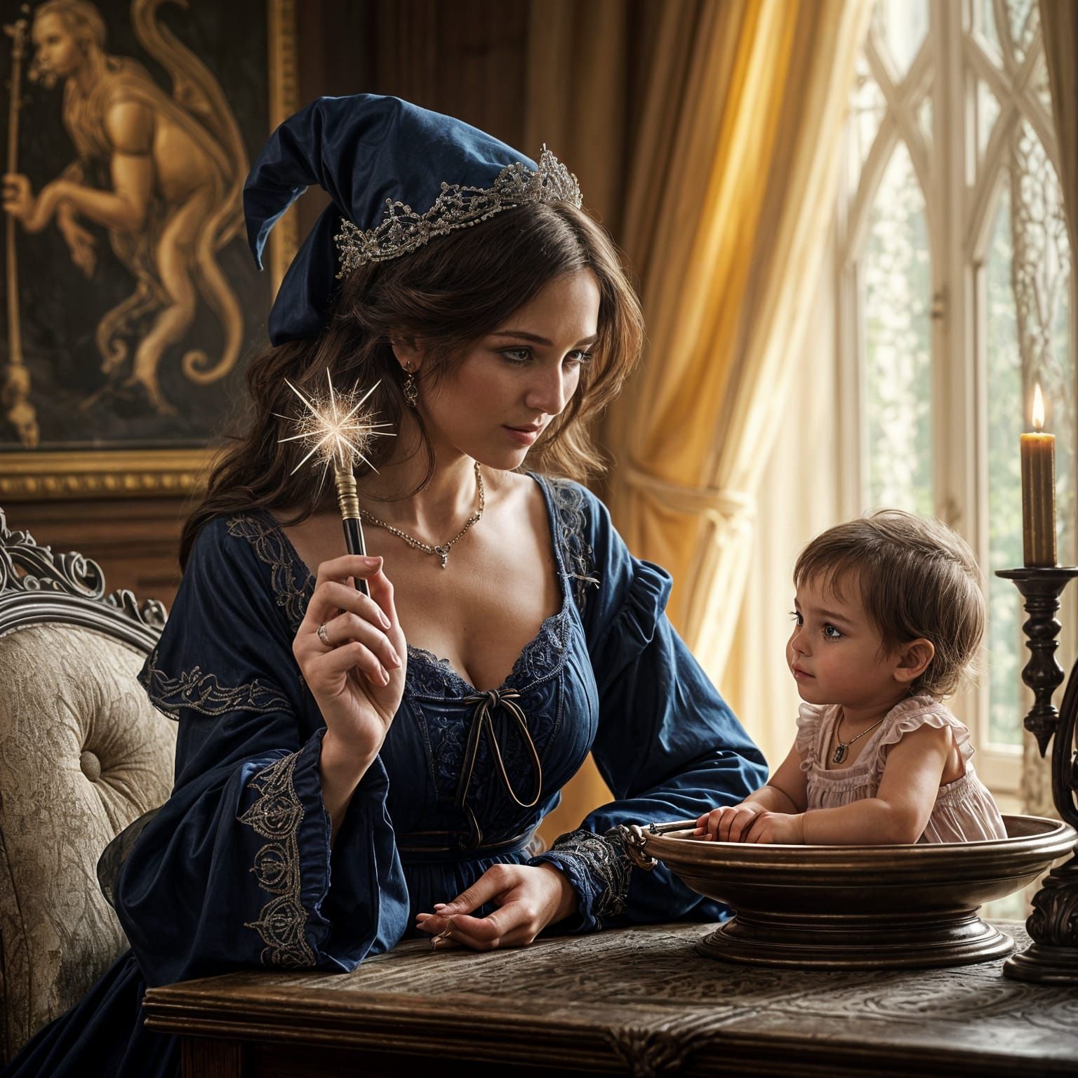 Enchanting Sorceress and Child in Magical Scene