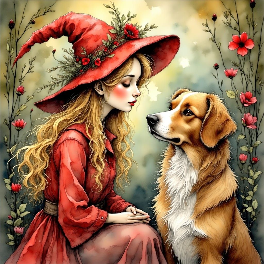 Golden Witch in Rustic Woodland with Red Hat and Canine Comp...