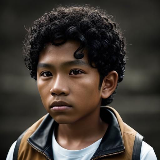 Hyperrealistic Portrait of Filipino Boy with Curly Hair