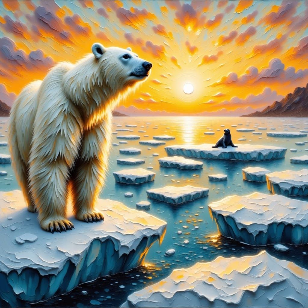 Polar Bear Gazing at Distant Seal, Impasto Painting