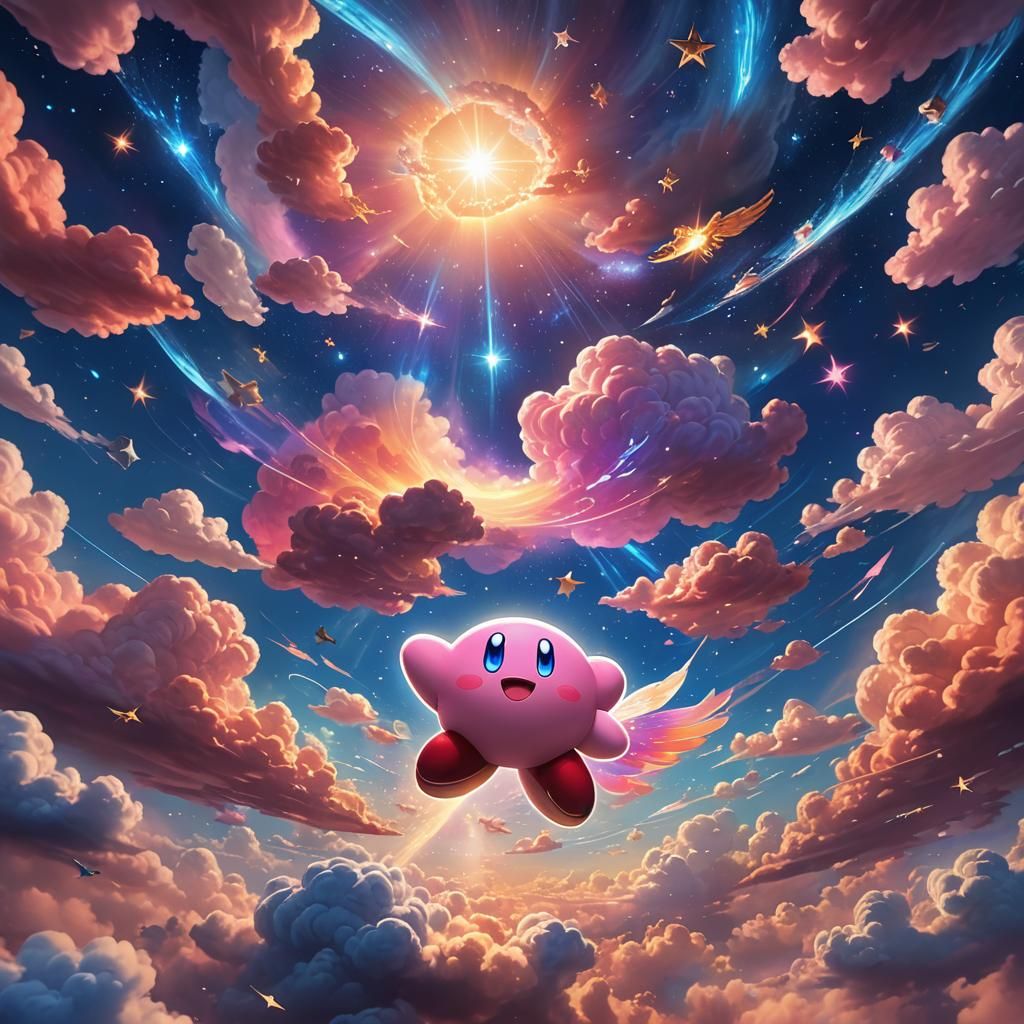 Kirby Soaring Through Mystical Sky: Fantasy Concept Art