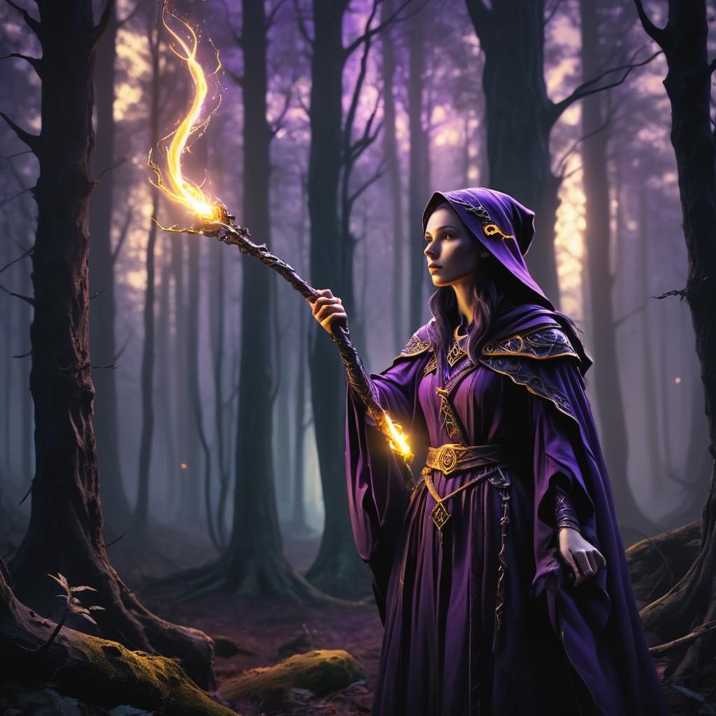 Mystical Sorceress with Glowing Staff in Dark Forest