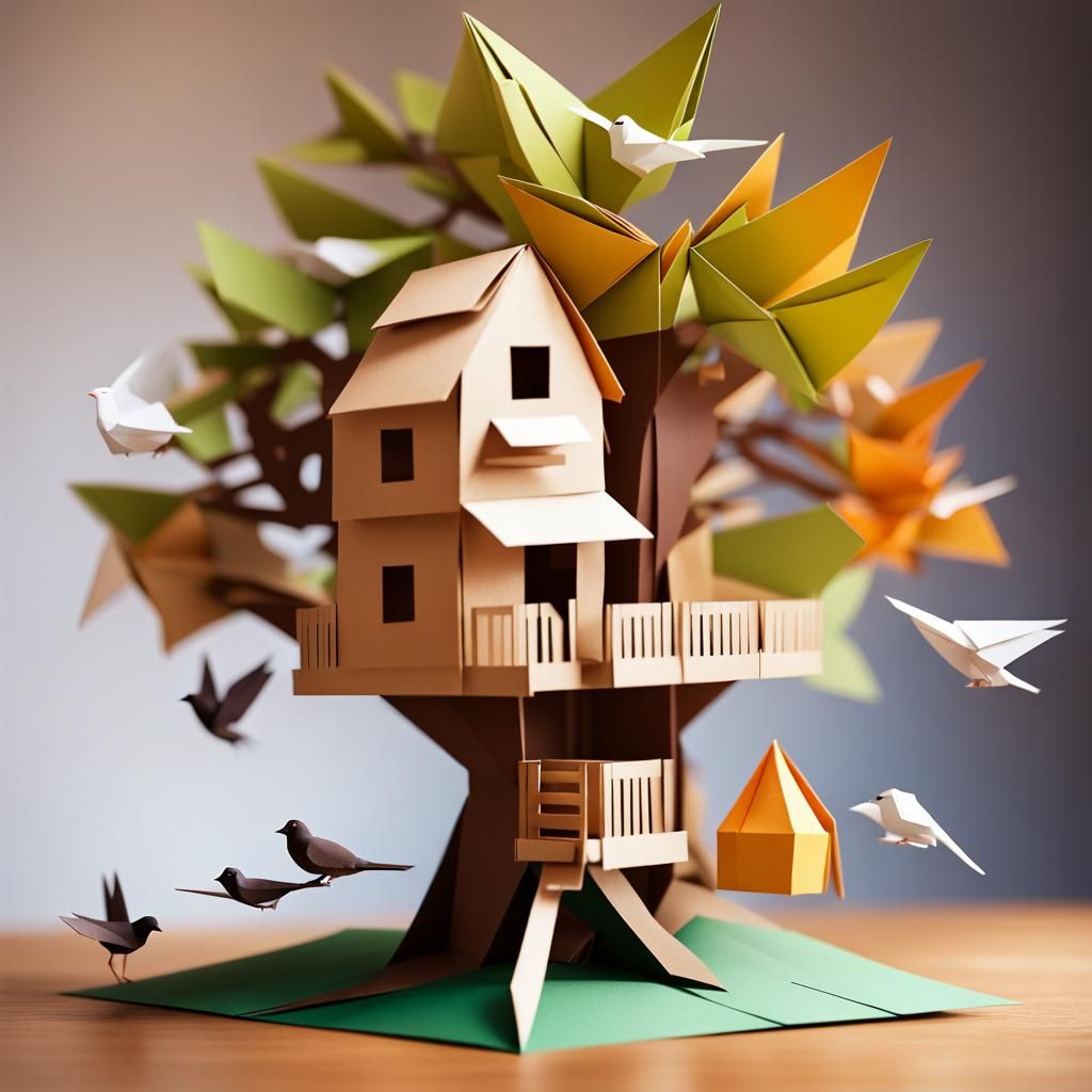 Origami Treehouse in Forest Papercraft Style