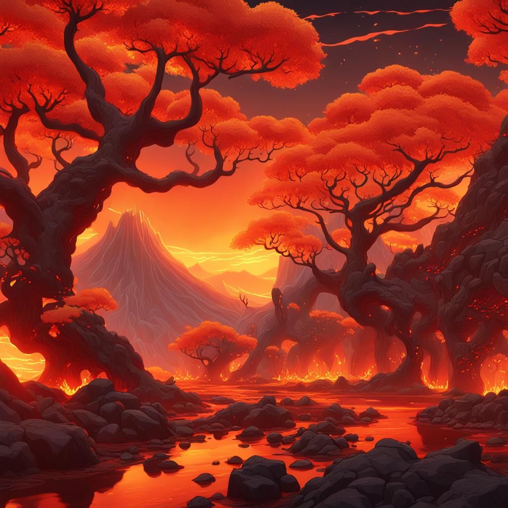 Ancient Fiery Realm in Vibrant 3D Anime Style