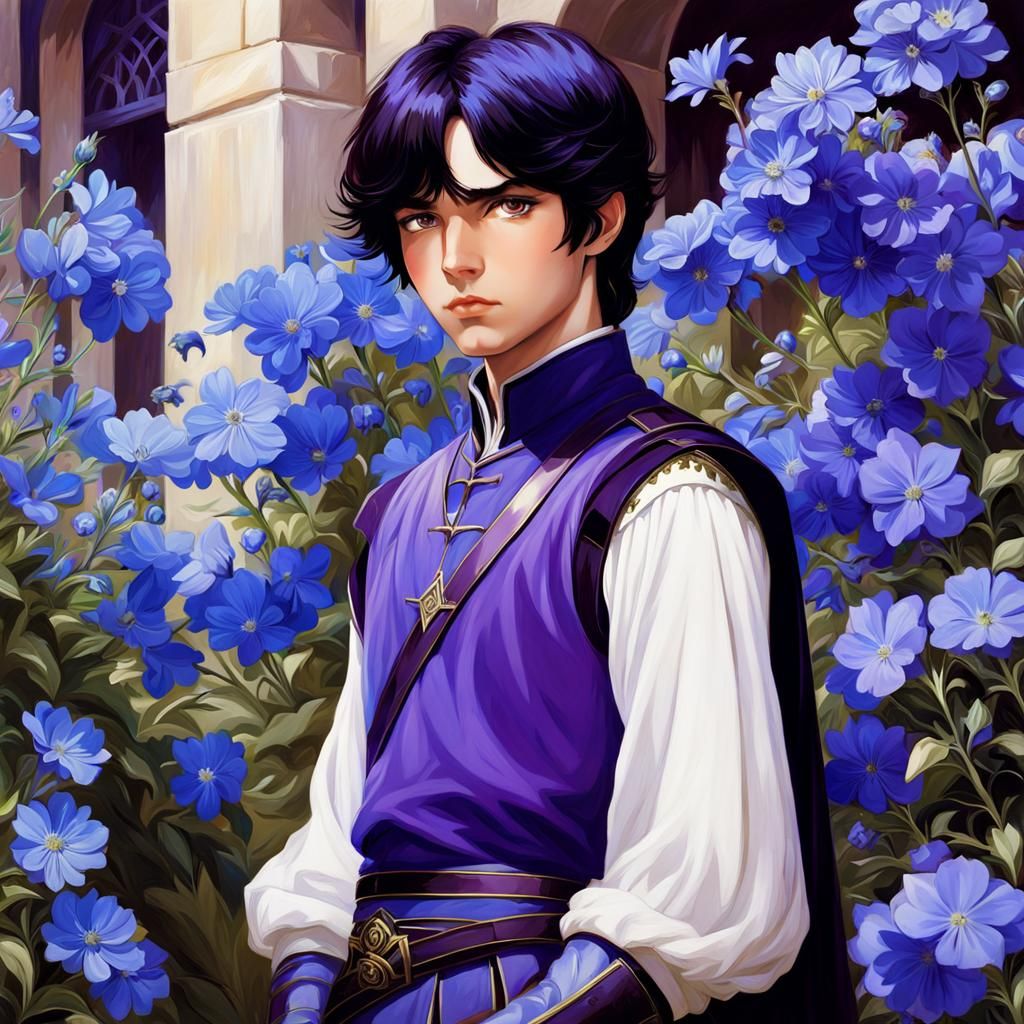 Medieval Boy in Garden, Pre-Raphaelite Anime Style