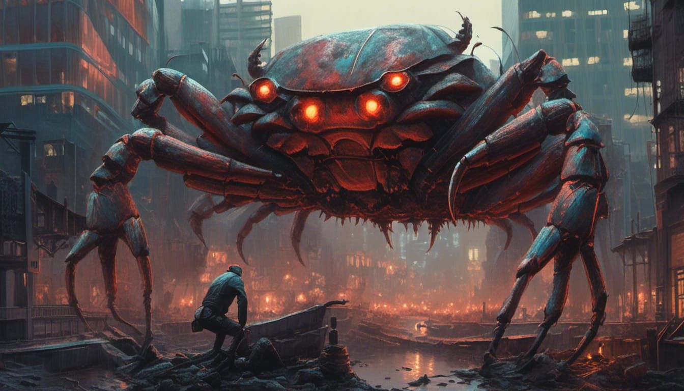 Giant Crab of Destruction in Cyberpunk Cityscape