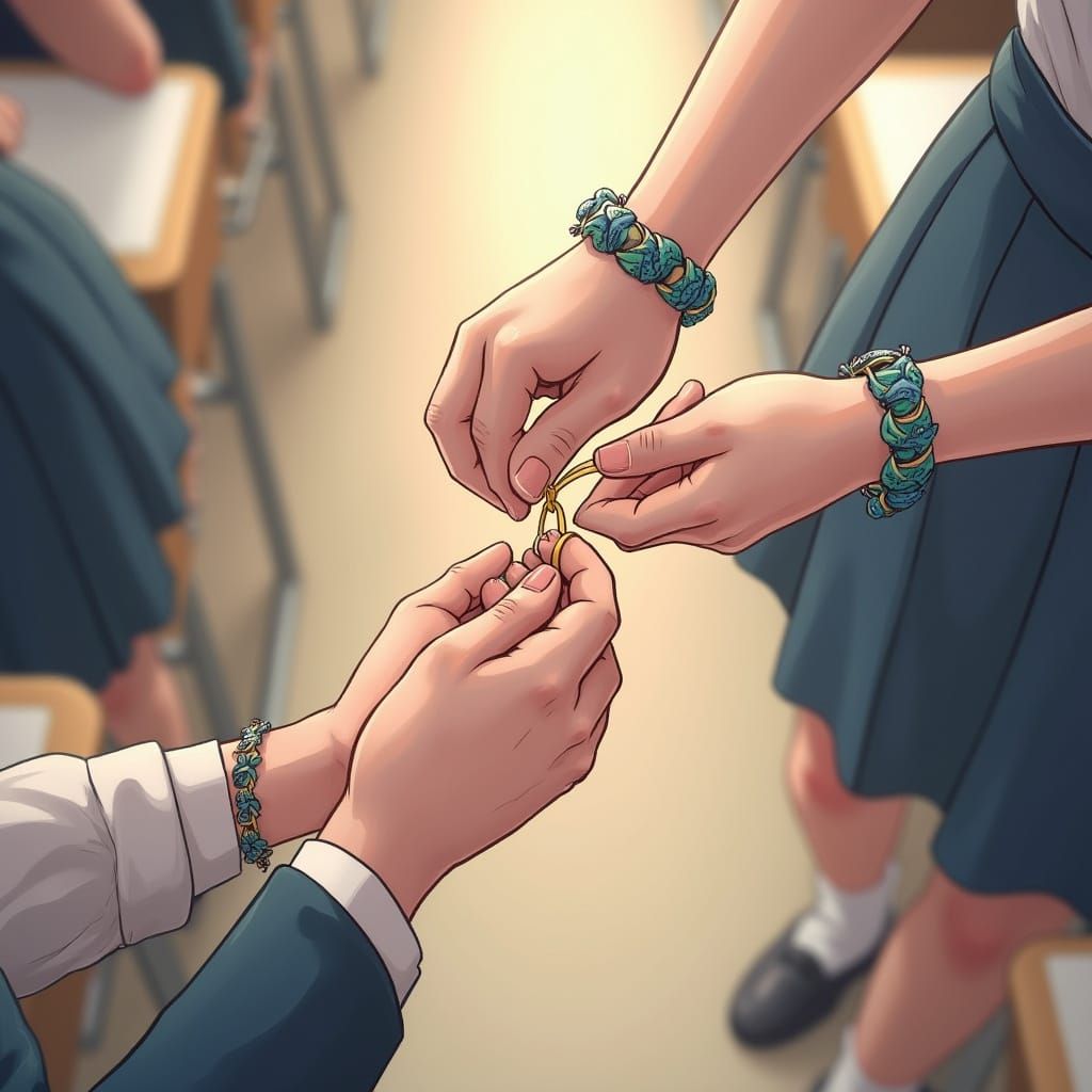 Delicate Peacock Bracelet Tie in a Quiet Classroom