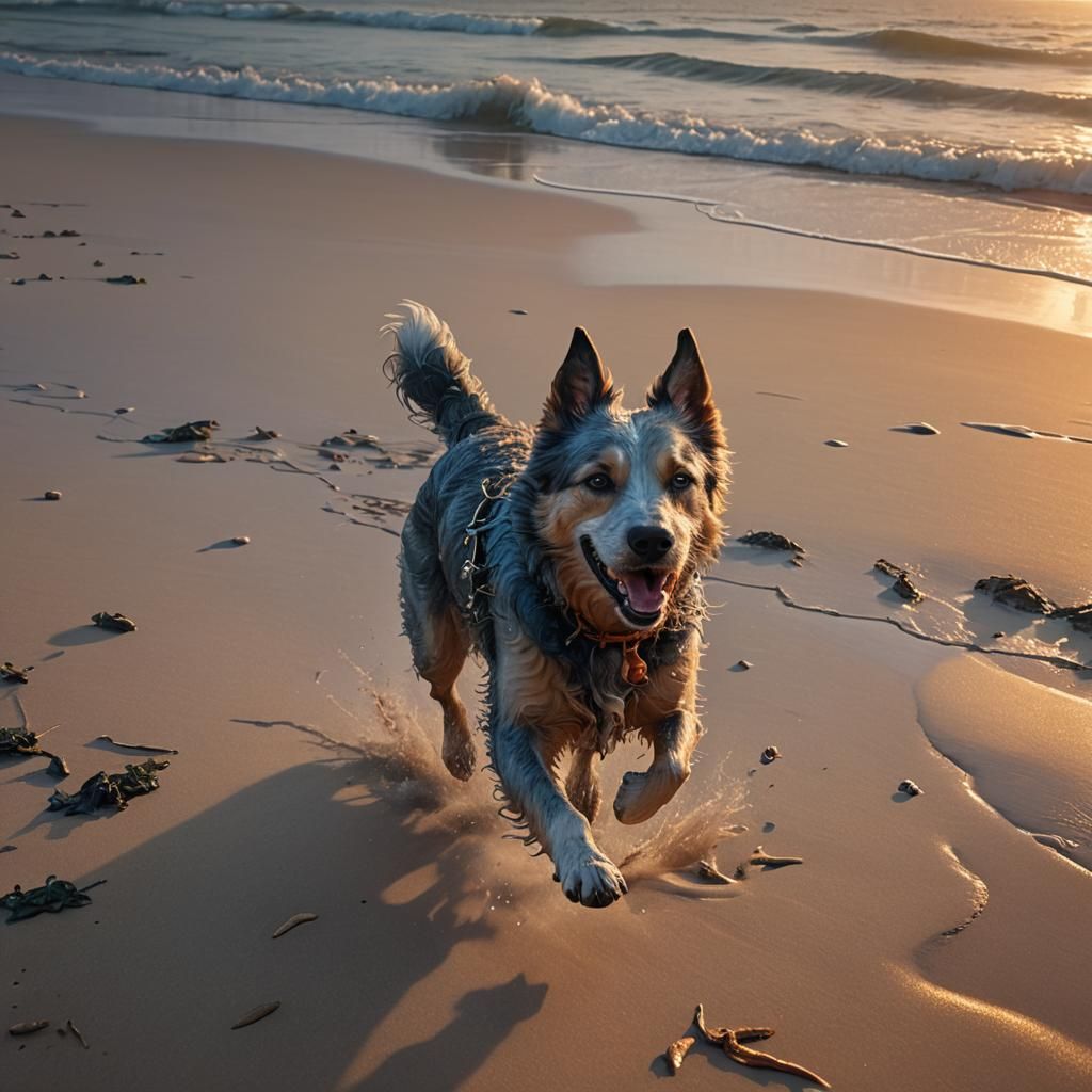 Mystical Beach Dog in Hyper-Realistic Fantasy Art