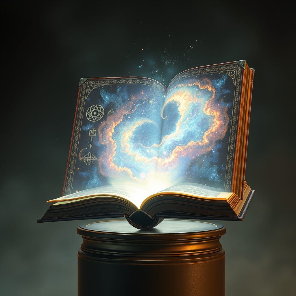 Ethereal Cosmos Unfolds within Ancient Leather-Bound Tome