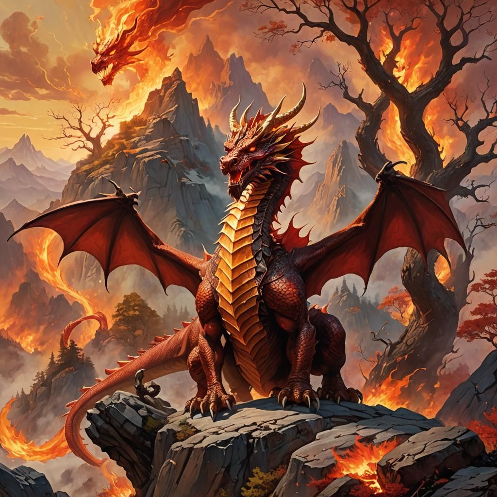 Majestic Red Dragon Breathing Fire in Fantasy Art