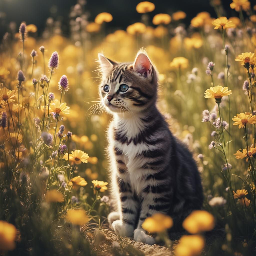 Kitten in Wildflower Field: Cinematic Film Still