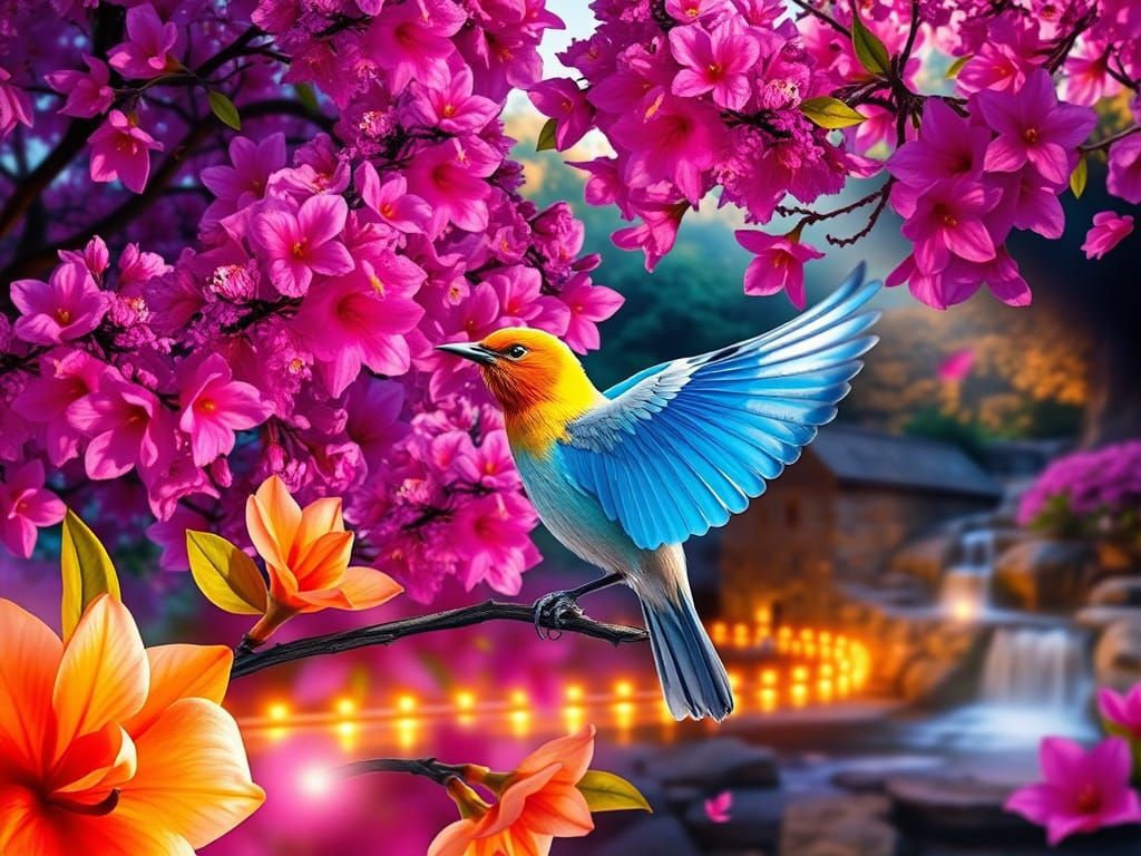 Dazzling Jacaranda Waterfall with Bird in Radiant Light