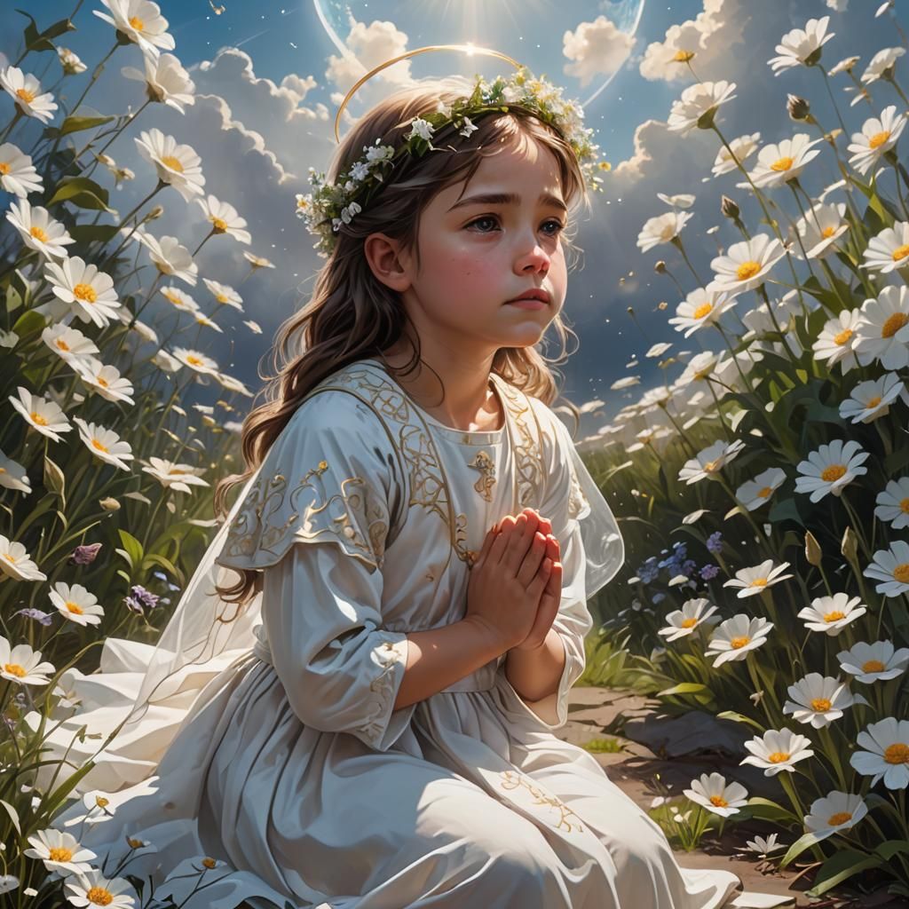 Girl Praying with Halo, Hyperrealistic Digital Art