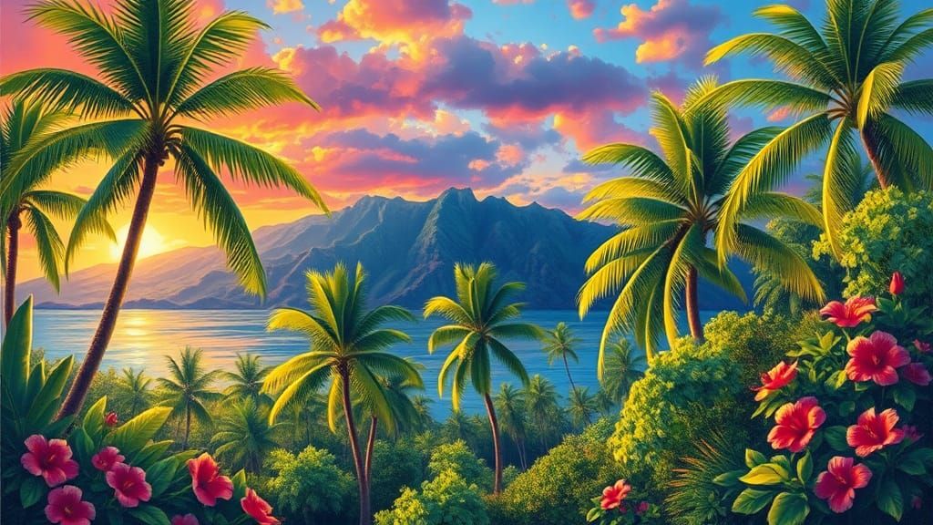Hawaiian Sunset: Impressionist Tropical Paradise Landscape