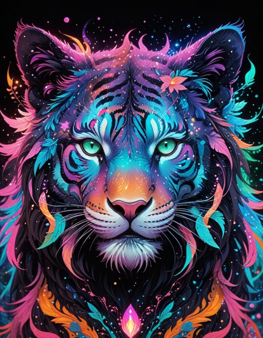 Ethereal Tiger Amidst Dreamlike Neon Forest