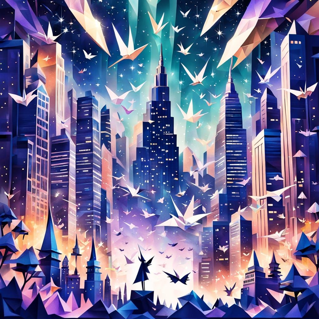 Origami Cityscape Under Nebula Sky