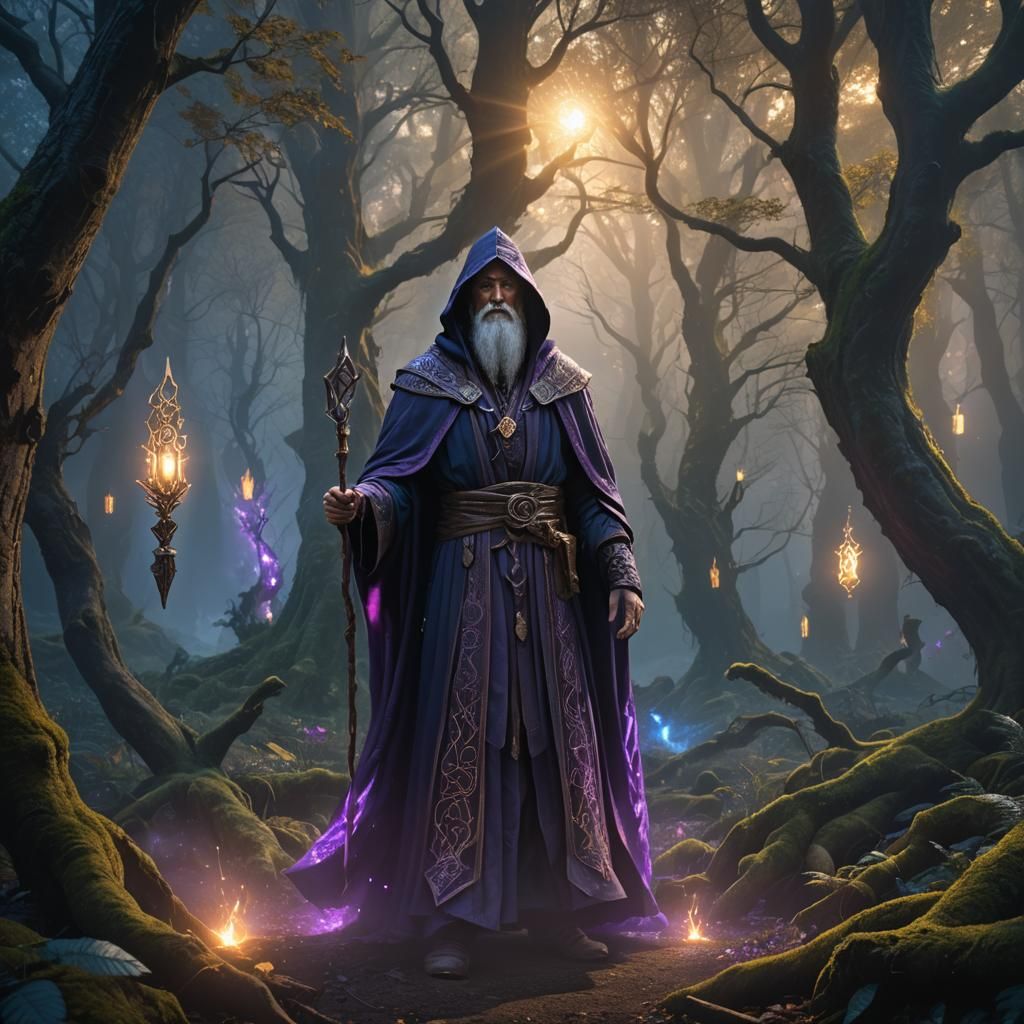 Mystical Wizard in Ancient Forest: Fantasy Concept Art