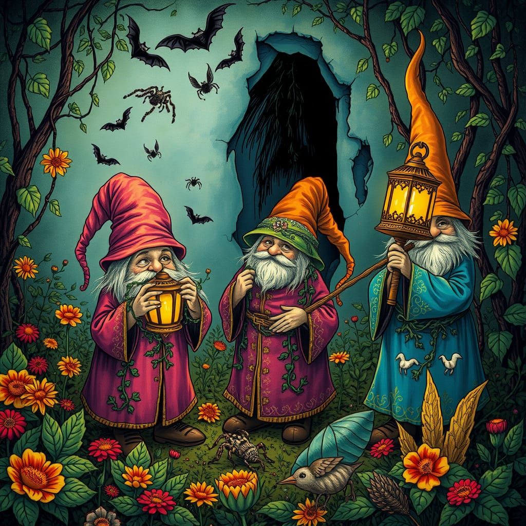 Gnomes Explore Garden Cave in Arthur Rackham Style