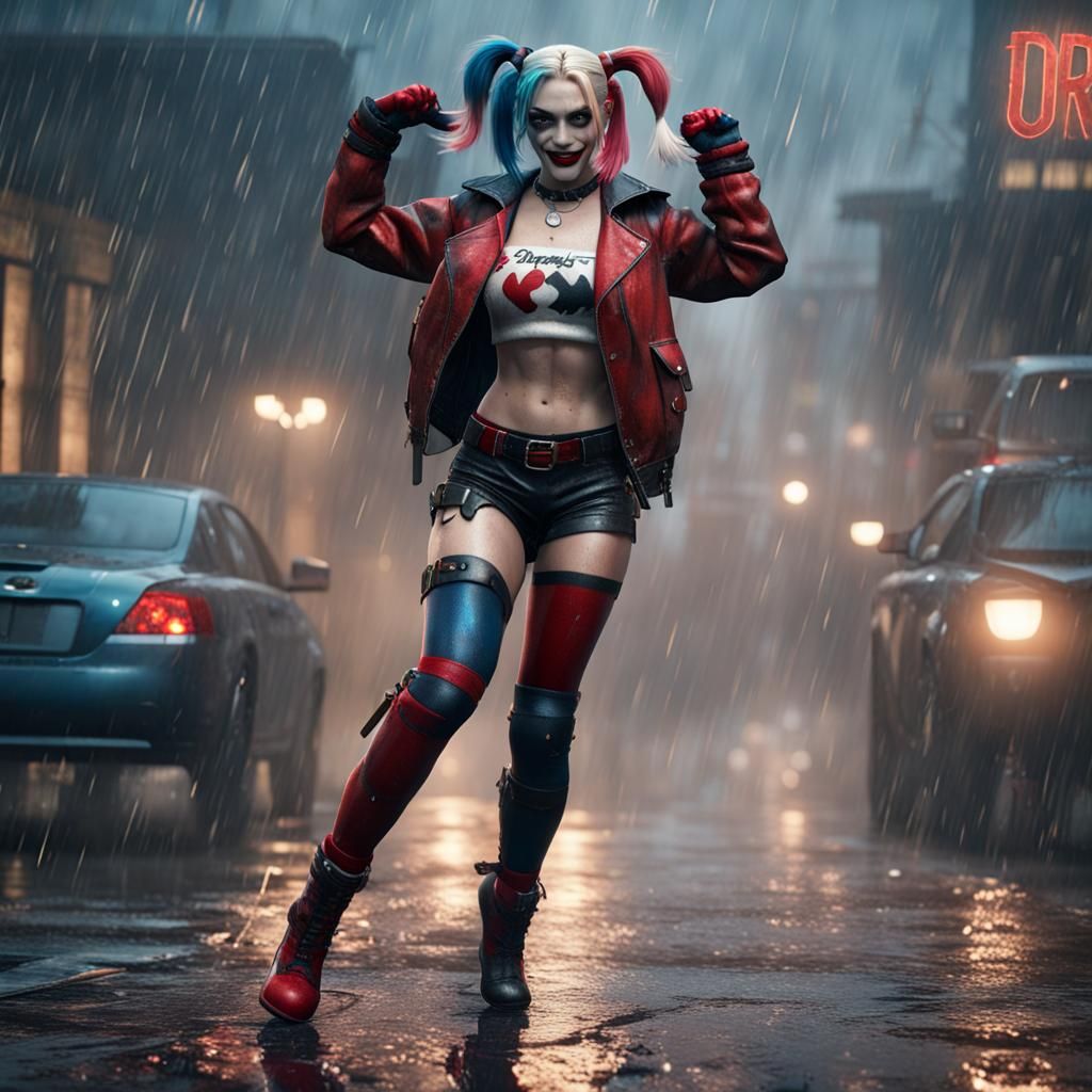 Harley Quinn Dancing in Rain, 3D Game Render