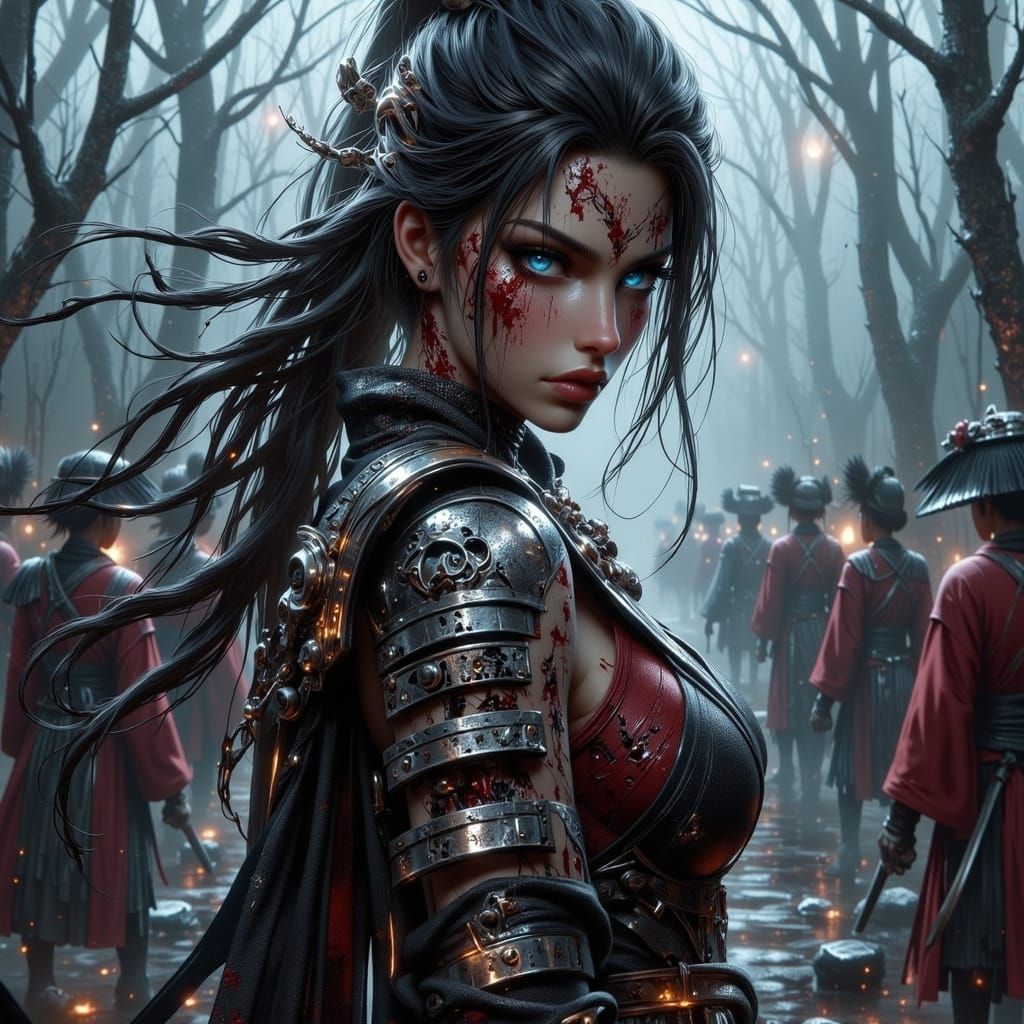 Fierce Samurai Warrior on Battlefield in Anime Style