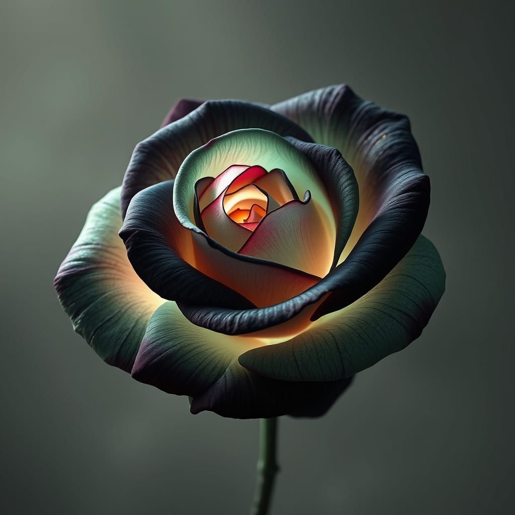 Ethereal Black and Pistachio Rose in Dreamlike Landscape