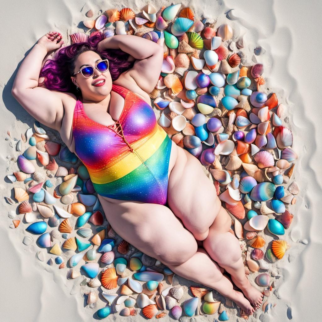 Futuristic Rainbow Beach Scene with Curvy Woman