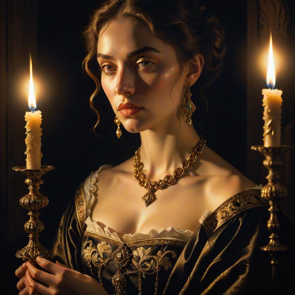 Baroque Woman with Candle in Chiaroscuro Style