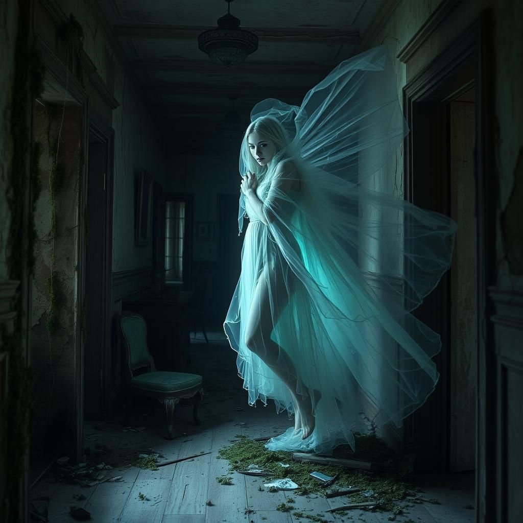 Ethereal Ghost in Decaying Mansion, Dreamlike Surrealism
