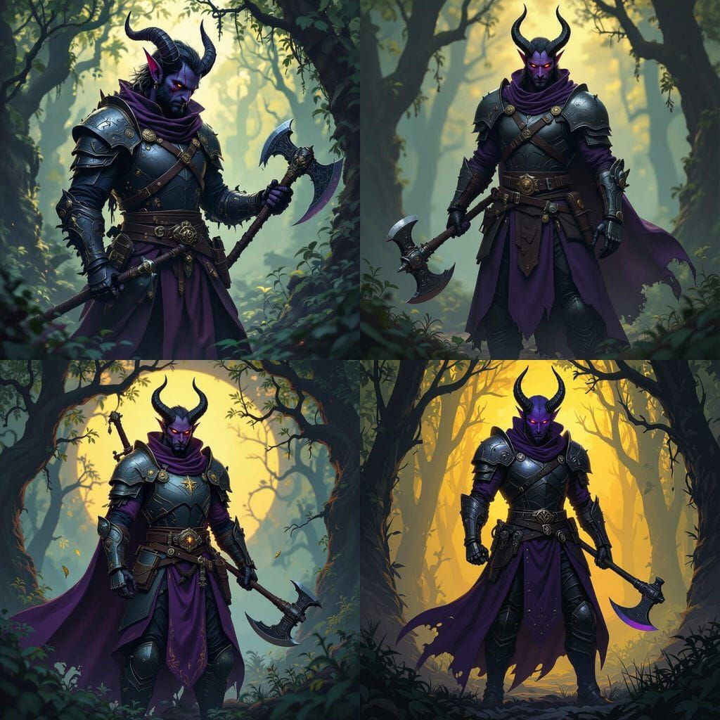 Tiefling Paladin with Robotic Arm in Overgrown Forest