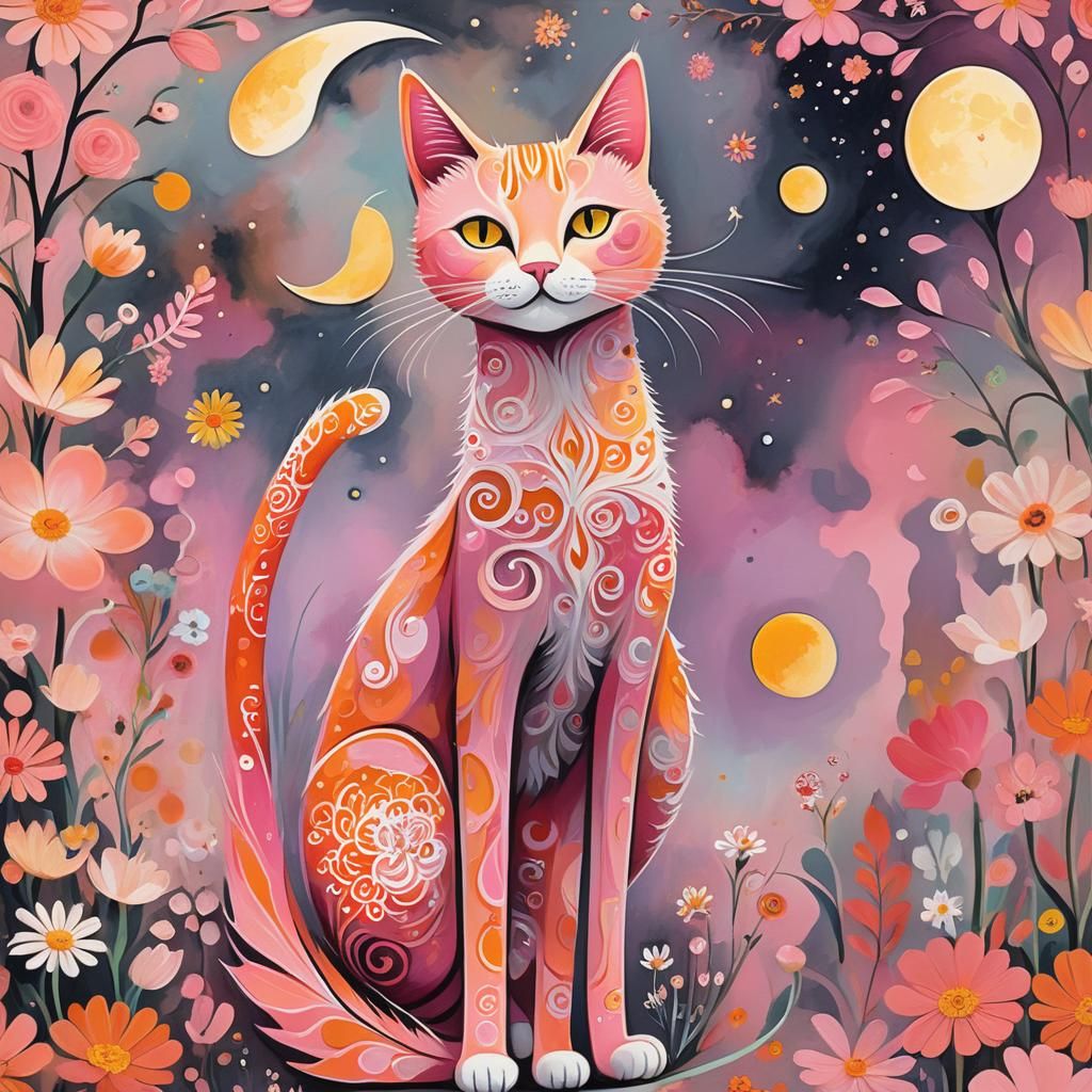 Whimsical Pink and Orange Cat with Flowers and Moon