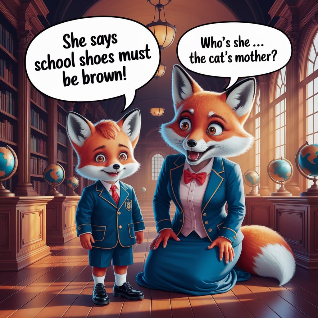 Fox Child and Mother in Antique Library, Digital Art