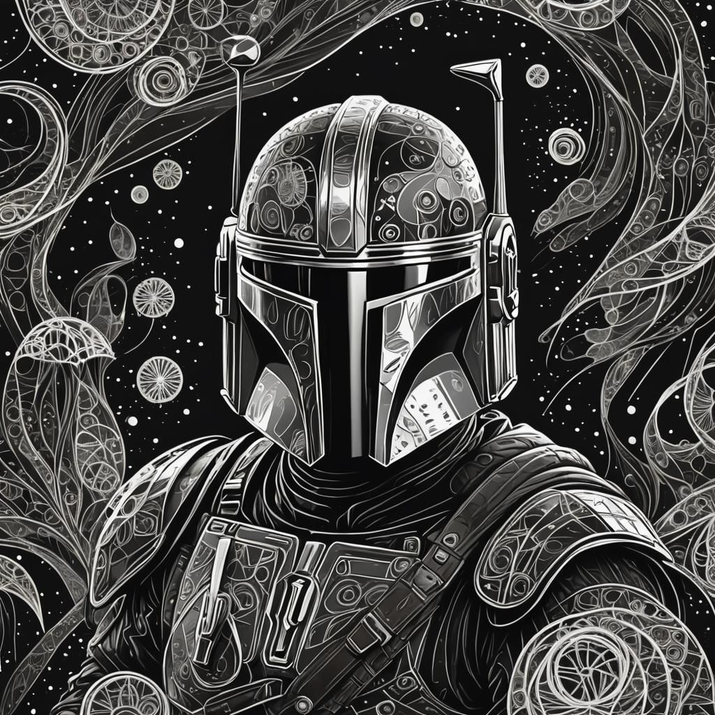 Minimalist Mandalorian Ink Sketch on Black Paper