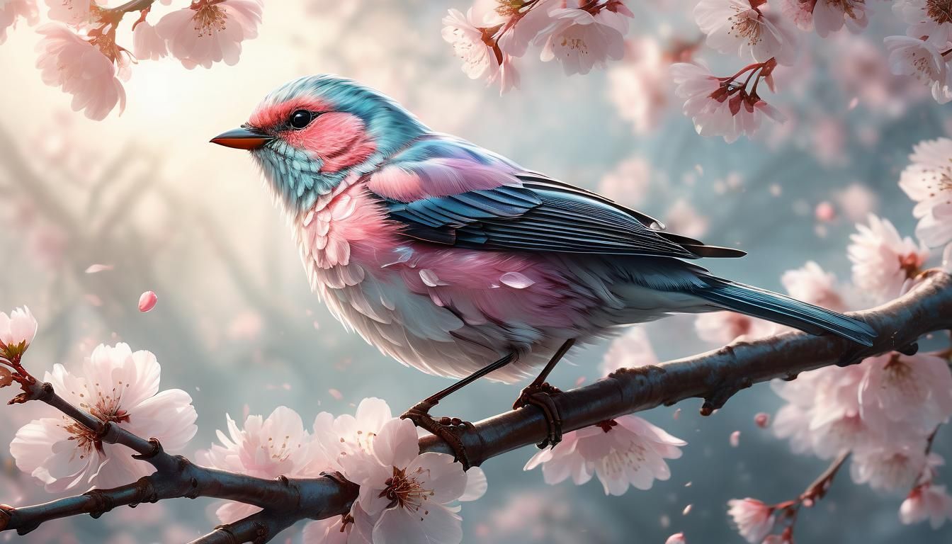 Reflective Cherry Blossom Songbird with Petals