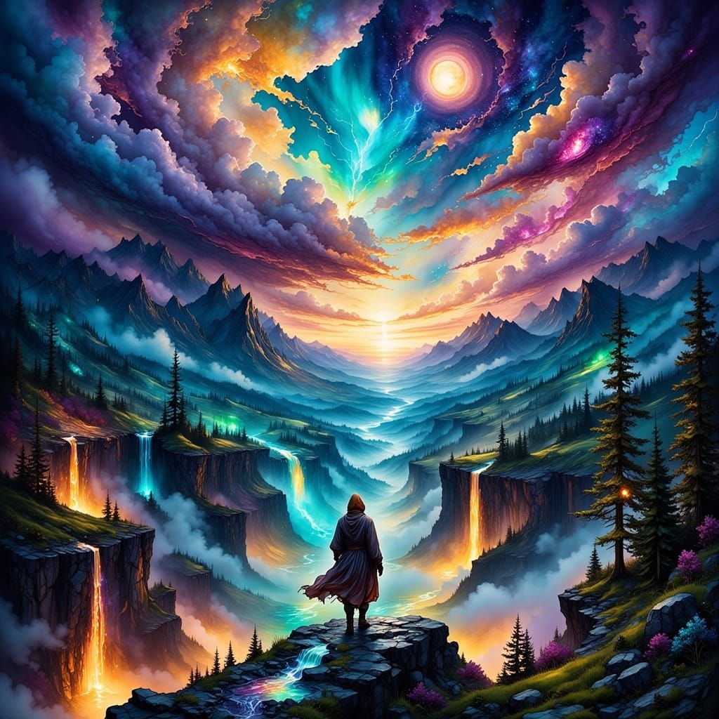 Hooded Figure Over Iridescent Crystal Canyon