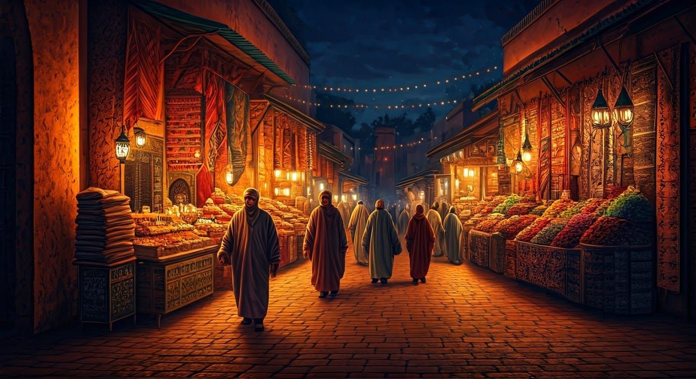 Luminous Marrakech Night Market in Vibrant Colors