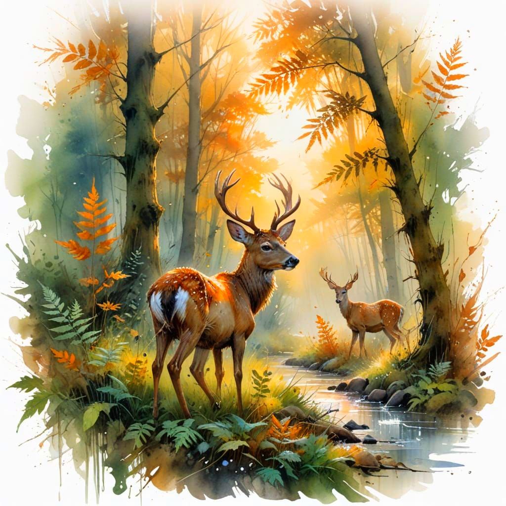 Autumn Deer Grazing in Misty Forest Glade