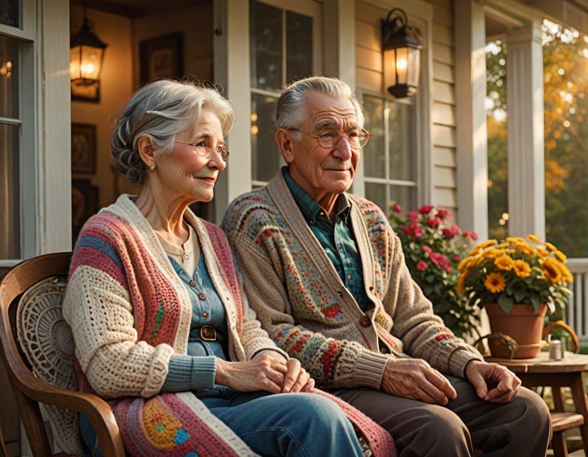 Cozy Couple on Porch with Heart Window: Hyperrealistic Art