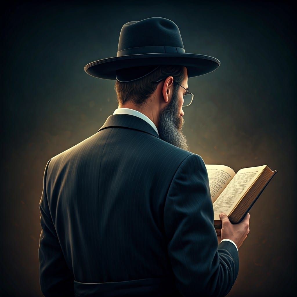 Hasidic Jew Reading Book in Anime Art Nouveau Style