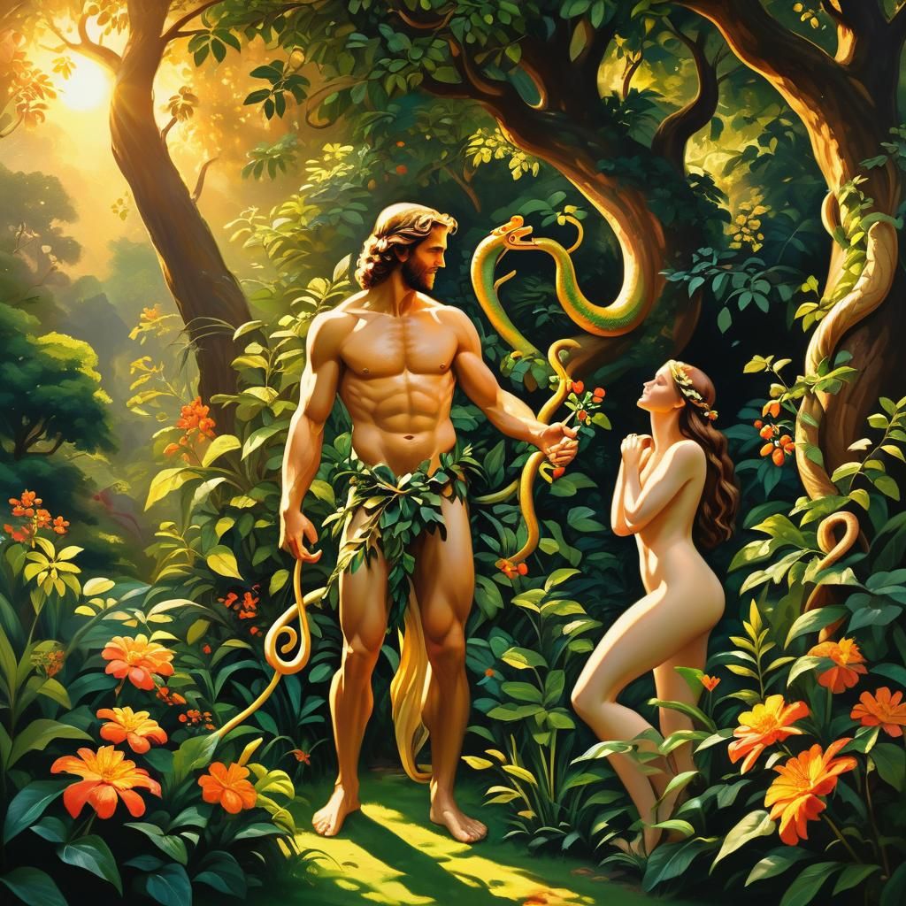Adam and Eve in Garden of Eden Oil Painting